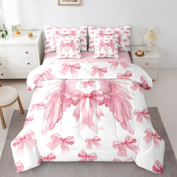 jejeloiu Ribbon Bow Tie Bedding Comforter Set 7pcs,Angel Wings Queen Bedding Sets,Pink Princess Bowknot Queen Sheet Sets,Lightweight Room Decorative Reversible