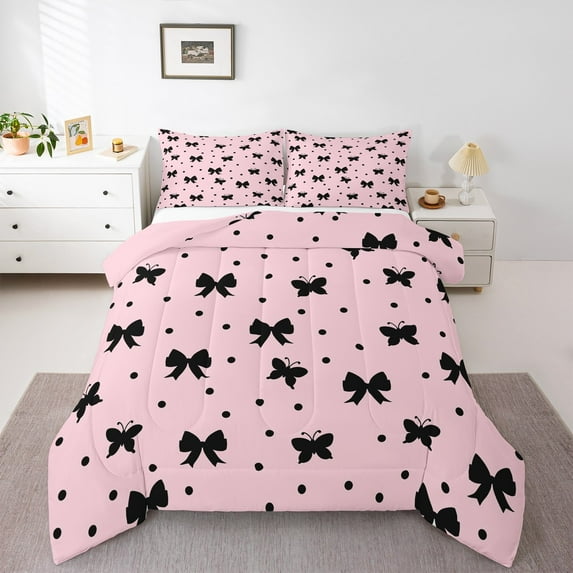 jejeloiu Ribbon Bow Tie Bedding Comforter Set,Girls Bowknot Twin Comforter Sets,Pink Black Bedding Set,Lightweight Room Decorative Reversible,2-Piece