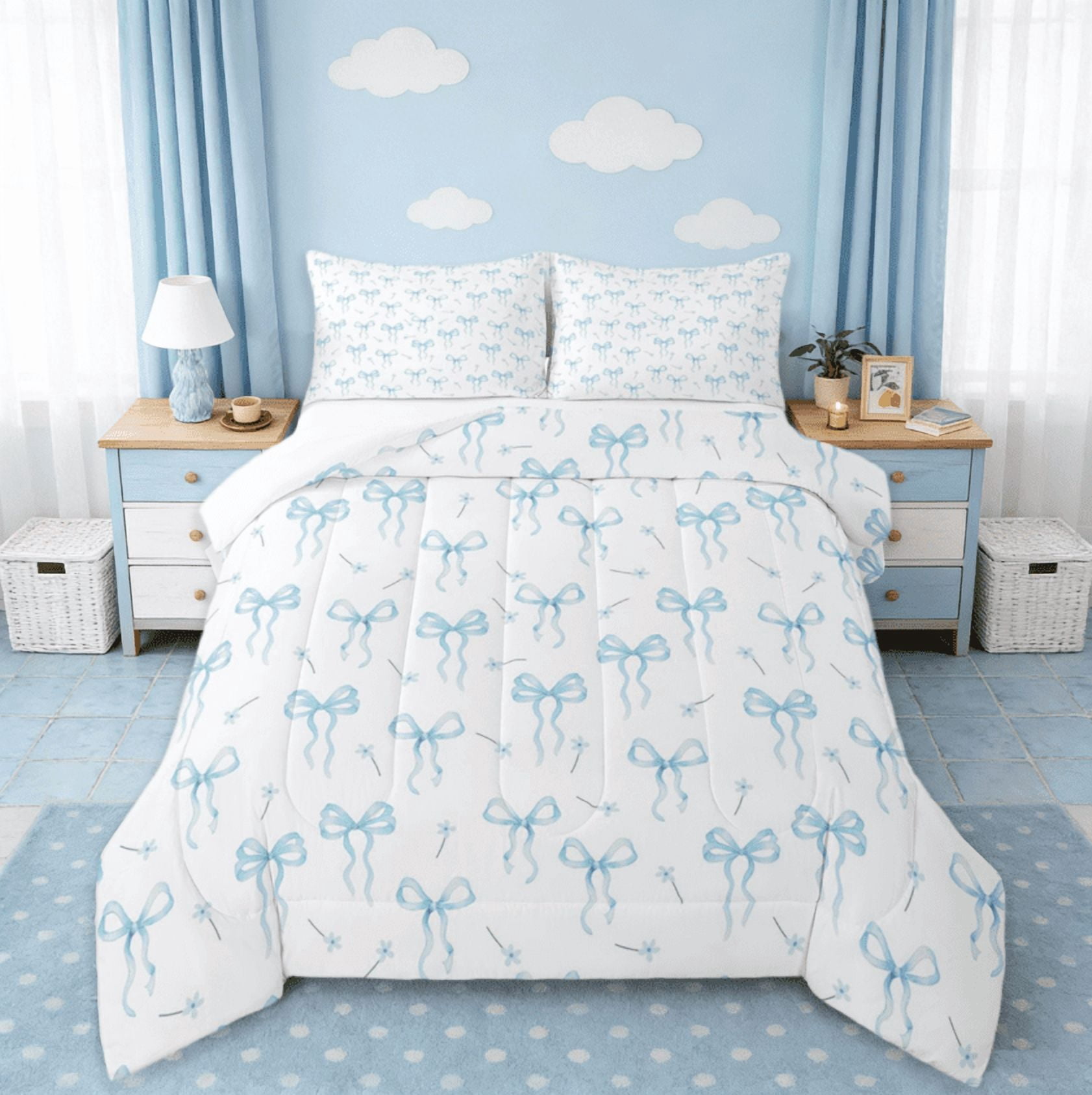 jejeloiu Ribbon Bow Tie Bedding Comforter Set,Grid Bowknot Twin Comforter Sets,Blue Cute Floral Bedding Set For Children,Lightweight Room Decorative,2pcs