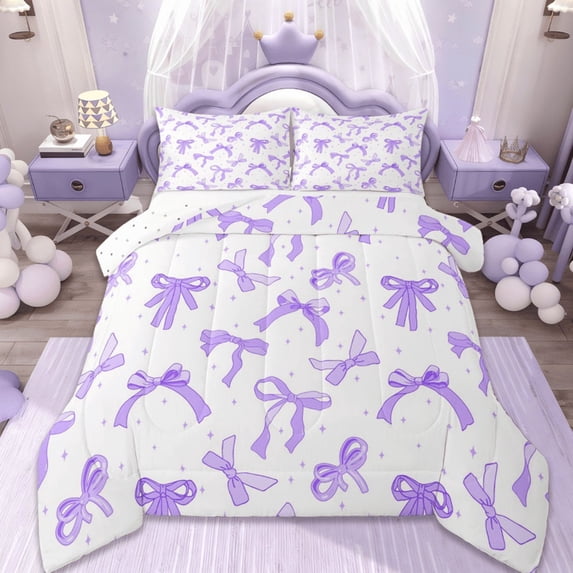 jejeloiu Ribbon Bow Tie Bedding Comforter Set,Grid Bowknot Twin Comforter Sets,Purple White Stars Bedding Set,Lightweight Room Decorative Reversible,2pcs