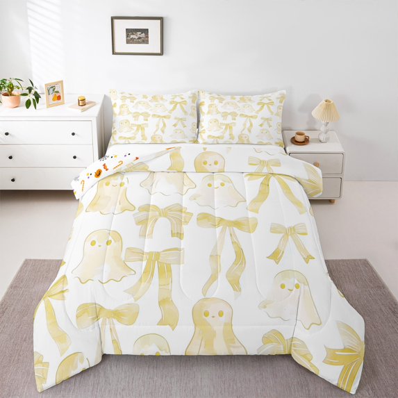 jejeloiu Ribbon Bow Tie Halloween Ghost White Yellow Graffiti Twin Comforter Set,Reversible Lightweight Decorative Bedding,2pcs