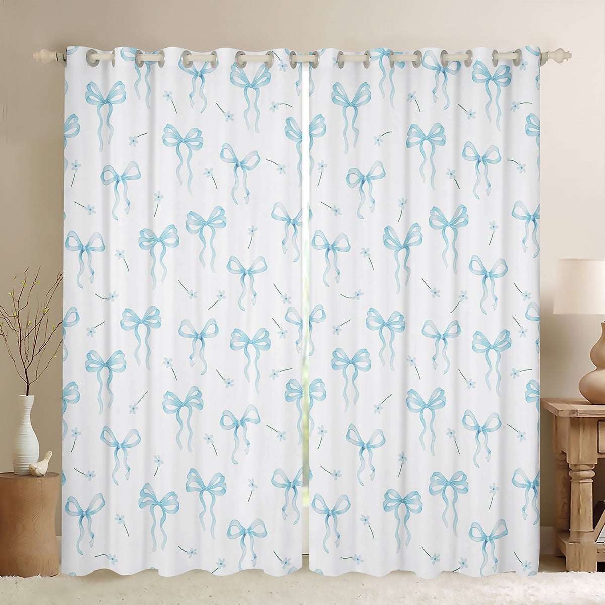 jejeloiu Ribbon Bow Tie Curtains Pack of 2 (42x84 Each),Grid Bowknot Curtains Blackout,Blue Cute Floral Bedroom Curtains For Children,Lightweight Room Decorative