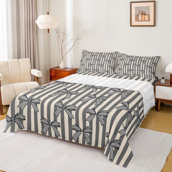 jejeloiu Ribbon Bow Tie Full Size Sheets,Gray Beige Striped Bed Sheets For Girl Teens 4 Pieces