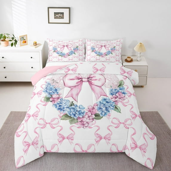 jejeloiu Ribbon Bow Tie King Size Comforter Sets,Grid Bowknot Bedding Comforter Set,Pink Blue Floral Bedding Set,Lightweight Room Decorative Reversible,3 Pieces