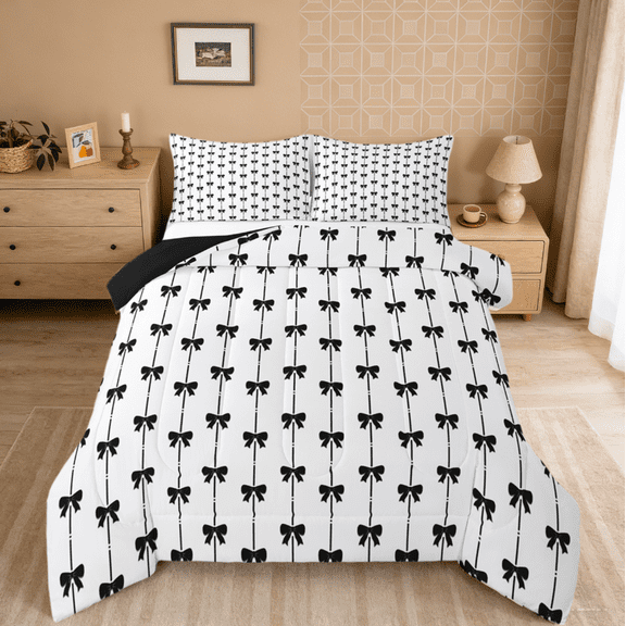 jejeloiu Ribbon Bow Tie Queen Comforter Set,Grid Bowknot Bedding Sets,Black Geometric Lines Bedding Comforter Set For Child,Lightweight Room Decorative Reversible,3pcs