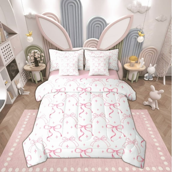 jejeloiu Ribbon Bow Tie Twin Bedding Sets 7-Piece,Stars Bowknot Print Bedding Comforter Set,Pink White Sheet Sets,Lightweight Room Decorative Reversible