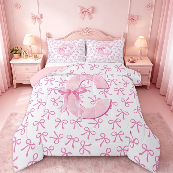 jejeloiu Ribbon Bow Tie Twin Comforter Sets,Pink Letter C Bedding Set For Bowknot Girls Reversible 2pcs