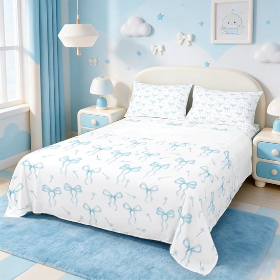 jejeloiu Ribbon Bow Tie Twin Sheet Set,Grid Bowknot Blue Floral,Lightweight Decor,3-Piece