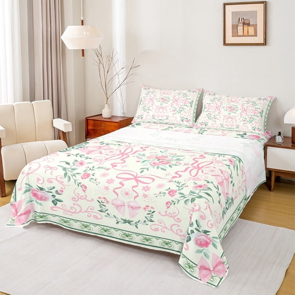 jejeloiu Ribbon Bow Tie Twin Sheet Sets,Rustic Flower Country Floral Twin Fitted Sheet,Pink Beige Green Flat Sheet For Girls Teens,Super Cozy Room Decor,3-Piece