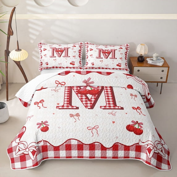 jejeloiu Ribbon Bow Twin Quilt Set For Girls,Red 3D Cartoon Initial Letter M Twin Coverlet Set For Kids,2 Pieces