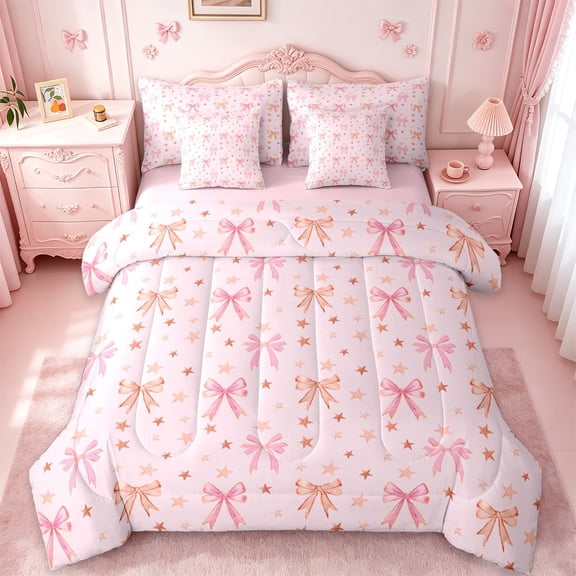 jejeloiu Ribbon Bowknot Bow 7-Piece Twin Bedding Sets,Orange Stars Print Bedding Comforter Set For Bowtie Girls Reversible