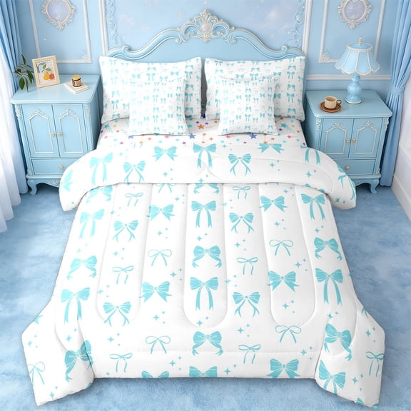 jejeloiu Ribbon Bowknot Bow 7-Piece Twin Bedding Sets,White Blue Bedding Comforter Set For Bowtie Girls Reversible