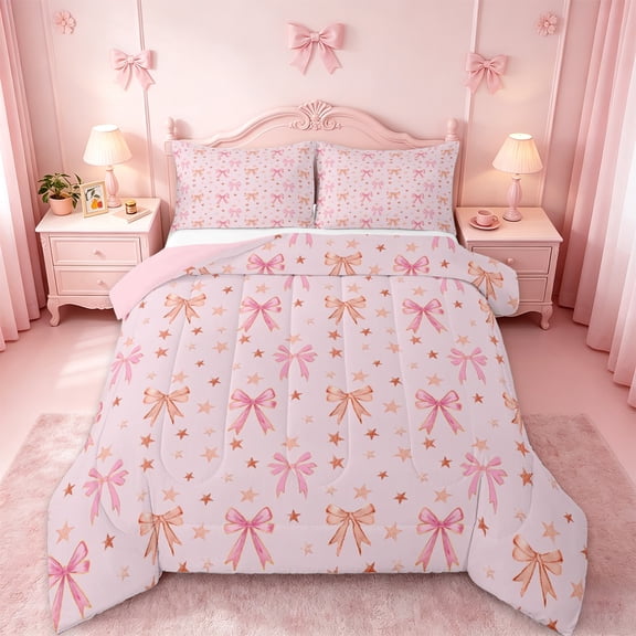 jejeloiu Ribbon Bowknot Bow Twin Comforter Sets,Orange Stars Print Bedding Set For Bowtie Girls Reversible 2-Piece