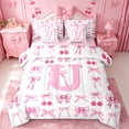 thumbnail image 1 of jejeloiu Ribbon Bowknot Monogram U 7 Pieces Bedding Comforter Set For Girls,Bow tie Cherry Theme Initial Design Full Bedding Set For Kids,Pink Reversible, 1 of 7