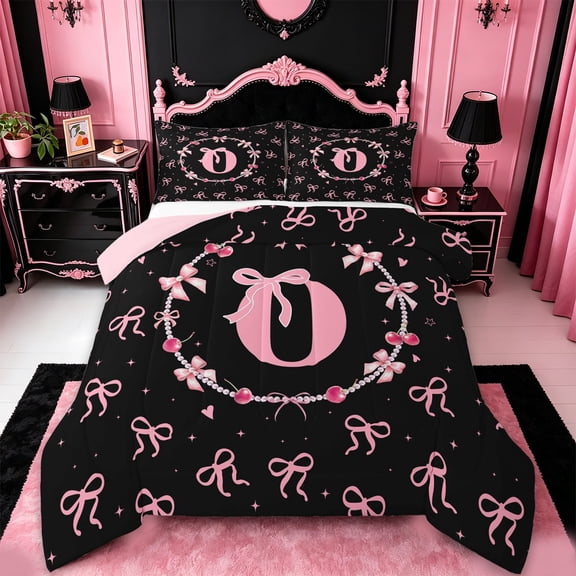 jejeloiu Ribbon Bowknot Pearl Full Size Comforter Sets For Girls,Pink Monogrammed O Bedding Sets,Pink Reversible,3pcs