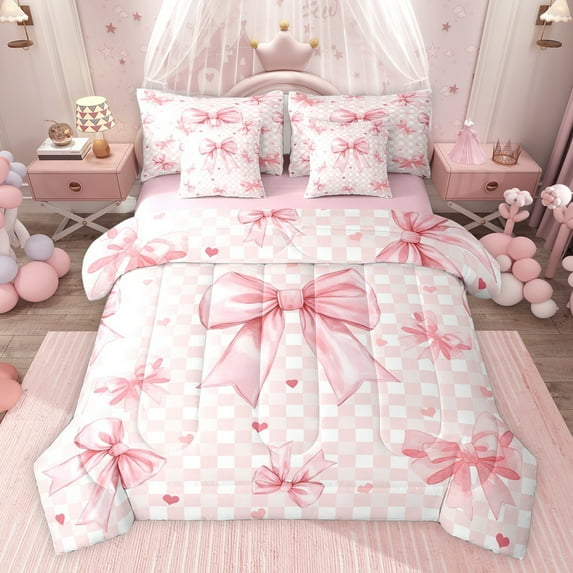 jejeloiu Ribbon Bowknot Print 7pcs Bedding Comforter Set,Classic Geometric Checkered Queen Bedding Sets For Kids Reversible