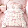 thumbnail image 1 of jejeloiu Ribbon Bowknot Print 7pcs Bedding Comforter Set,Pink Beige Queen Bedding Sets For Kids Reversible, 1 of 8