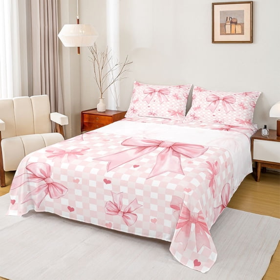 jejeloiu Ribbon Bowknot Print Full Size Sheets,Classic Geometric Checkered Bed Sheets For Kids 4 Pieces