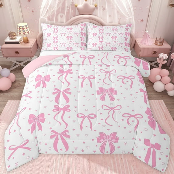 jejeloiu Ribbon Bowknot Print Queen Comforter Set,Pink Bow Pattern Bedding Comforter Set For Kids Reversible 3pcs