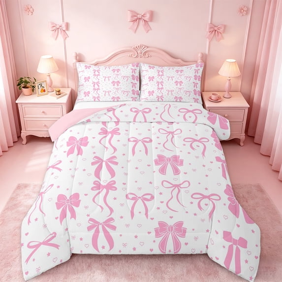 jejeloiu Ribbon Bowknot Print Queen Comforter Set,Pink Bow Pattern Bedding Comforter Set For Kids Reversible 3pcs
