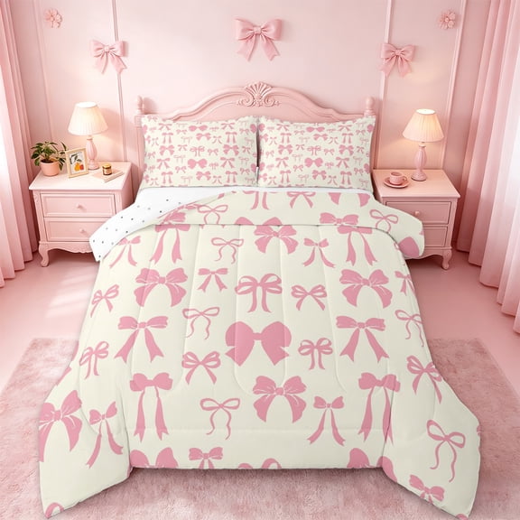 jejeloiu Ribbon Bowknot Print Twin Comforter Sets,Pink Beige Bedding Set For Kids Reversible 2-Piece