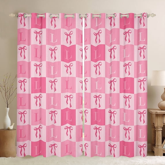jejeloiu Ribbon Bowtie Bow Curtains Pack of 2 (42x84 Each),Pink Grid Bowknot Curtains Blackout,First Letter L Bedroom Curtains For Girls,Super Cozy Room Decor