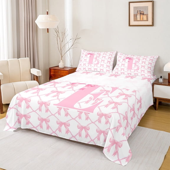jejeloiu Ribbon Bowtie Bow Twin Sheet Sets,Chic Pink Bowknot Twin Fitted Sheet,First Letter E Flat Sheet For Girls,Super Cozy Room Decor,3pcs