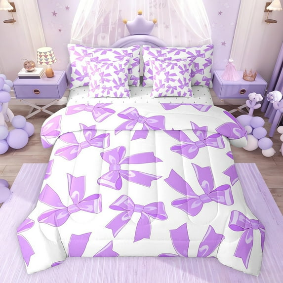 jejeloiu Ribbon Bowtie Print 7-Piece Bedding Comforter Set,White Purple King Bedding Sets For Kids Reversible