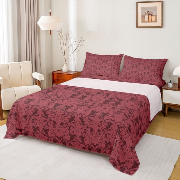 jejeloiu Rich Damask Queen Sheets,Vintage Print Queen Sheet Sets For Adults,Red Black,4 Pieces,1 Flat Sheet, 1 Fitted Sheet and 2 Pillowcases