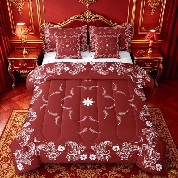 jejeloiu Rich Paisley 7pcs Queen Bedding,Bohemian Print Bedding Comforter Set Queen For Adults,Red White,Reversible