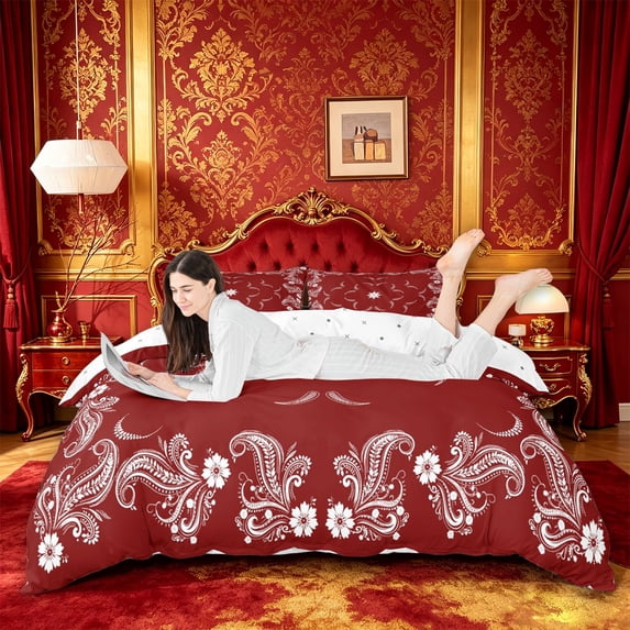 jejeloiu Rich Paisley Duvet Cover Queen,Bohemian Print Queen Bedding For Adults,Red White,Reversible,3pcs,1 Duvet Cover and 2 Pillowcases