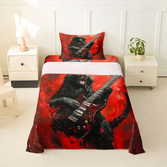 jejeloiu Rock Star Black Cat Art Twin Sheet Sets Kids,Cool Print Bedding,3 Pieces