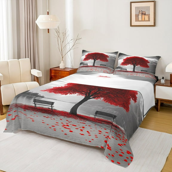 jejeloiu Romance Nature Theme Twin Sheet Sets,Tree River Mountain Twin Fitted Sheet,Red Fall Leaves Flat Sheet For Men Women,Ultra Soft Home Decor,3 Pieces