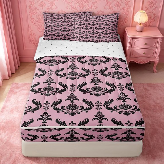 jejeloiu Romantic Damask Zipper Twin Comforter Sets with Fitted Sheet and 2 Pillowcases,Soft Floral Zipper Bedding Set For Adults,Pink Black,Reversible,4 Pieces