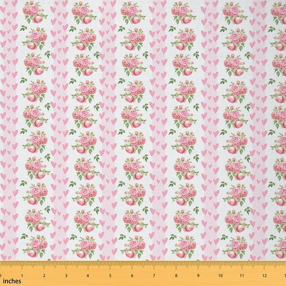 jejeloiu Romantic Floral Flower Fabric by the Yard 3 Yards,Cute Heart Pattern Sewing Fabric,Pink Green White Fabric for Sewing For Girls Boys,Breathable Home Decor