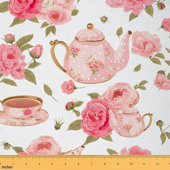jejeloiu Romantic Flower Floral Fabric by the Yard 2 Yards,Retro Tea Kettle Room Decor Fabric by the Yard,Pink White Fabric for Sewing For Child,Breathable Home Decor