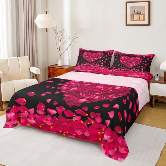 jejeloiu Romantic Loves Pattern Full Size Sheets,Western Valentine Day Bed Sheets,Red Flowers Floral Sheet Sets For Girls Kids,Luxury Bedroom Decor,4pcs