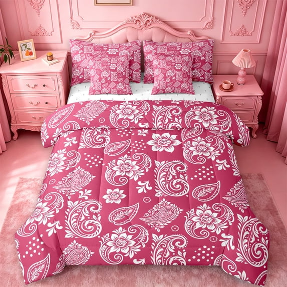 jejeloiu Romantic Paisley 7pcs Queen Bedding For Men Women,Delicate Print Bedding Comforter Set Queen,Magenta White,Reversible