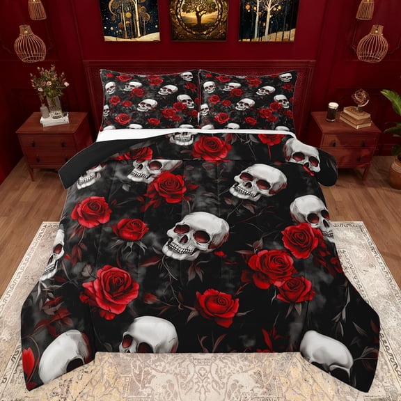 jejeloiu Romantic Red Rose Bedding Comforter Set,Gothic Skull Skeleton Twin Comforter Sets,Velantine Flowers Bedding Set For Men Women,Luxury Bedroom Decor Reversible,2-Piece