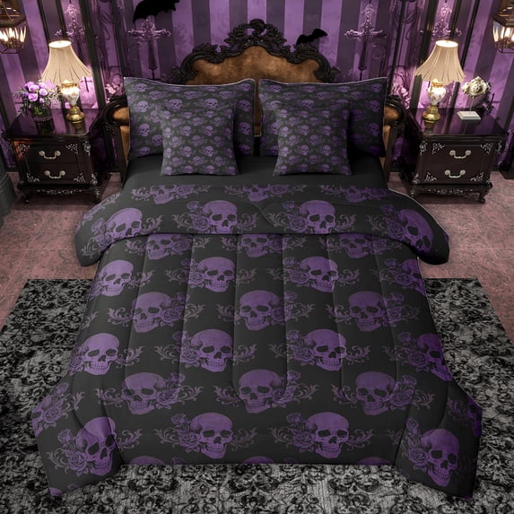 jejeloiu Romantic Rose Floral 7-Piece Twin Bedding Sets,Purple Sugar Skull Bedding Comforter Set For Teens Reversible
