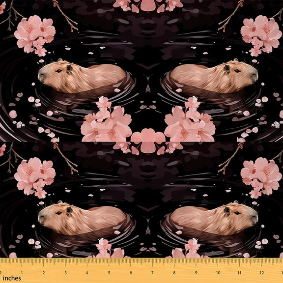 jejeloiu Romantic Sakura Fabric by the Yard 1 Yard,Cartoon Capybara Home Decor Fabric by the Yard,Brown Pink Black Sewing Fabric For Teens,Ultra Soft Home Decor