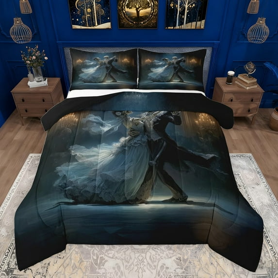 jejeloiu Romantic Skeleton Dancer Full Size Comforter Sets,Gothic Valentine'S Day Bedding Comforter Set,Vintage Aesthetic Artwork Bedding Sets For Men Women,Breathable Home Decor Reversible,3 Pieces
