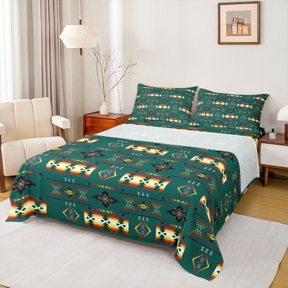 jejeloiu Romantic Tribal Bed Sheets,Ethnic Print Full Size Sheets For Boys,Teal Multicolor,4 Pieces,1 Flat Sheet, 1 Fitted Sheet and 2 Pillowcases