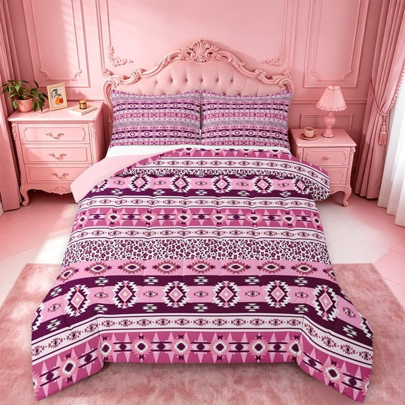 jejeloiu Romantic Tribal Full Size Comforter Sets For Girls,Bohemian Print Bedding Comforter Set,Purple Pink,Pink Reversible,3 Pieces,1 Comforter and 2 Pillowcases