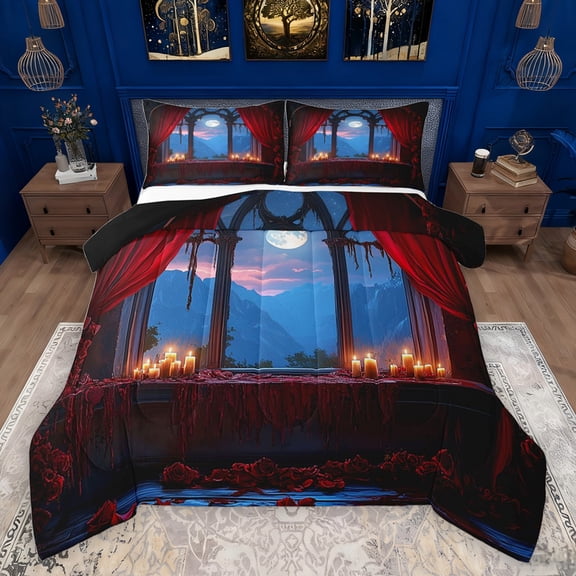 jejeloiu Romantic Valentine Dating Queen Comforter Set,Chic Flower Bedding Sets,Red Rose Floral Bedding Comforter Set For Adults,Ultra Soft Home Decor Reversible,3pcs