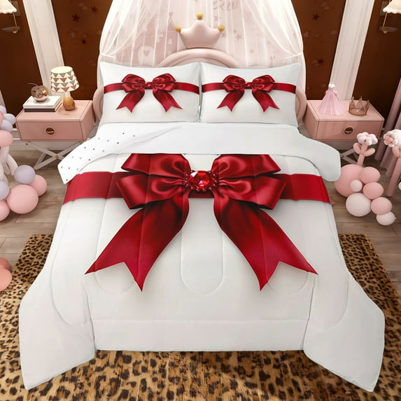 jejeloiu Romantic Valentine Gift Twin Comforter Sets,Cartoon Cute Bow Bedding Set For Teens Reversible 2 Pieces
