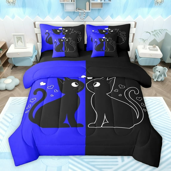 jejeloiu Romantic Valentine'S Day 7-Piece Twin Bedding Sets,Cute Cat Kitten Bedding Comforter Set,Deepblue Black Sheet Sets For Girls,Ultra Soft Home Decor Reversible