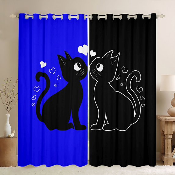 jejeloiu Romantic Valentine'S Day Curtains Pack of 2 (42x84 Each),Cute Cat Kitten Curtains Blackout,Deepblue Black Bedroom Curtains For Girls,Ultra Soft Home Decor