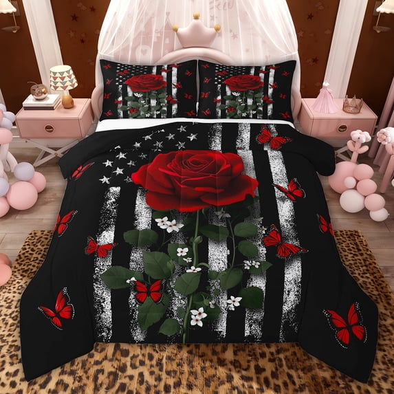 jejeloiu Romantic Valentine's Rose Full Size Comforter Sets,Retro American Flag Pattern Bedding Sets For Adults Reversible 3 Pieces