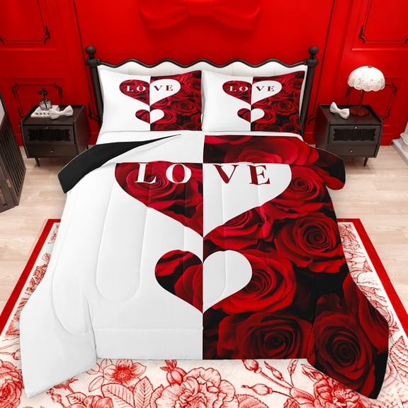 jejeloiu Rose Loves Pattern Queen Comforter Set,Romsntic Valentins'S Day Bedding Sets,Red White Bedding Comforter Set For Men Women,Luxury Bedroom Decor Reversible,3pcs